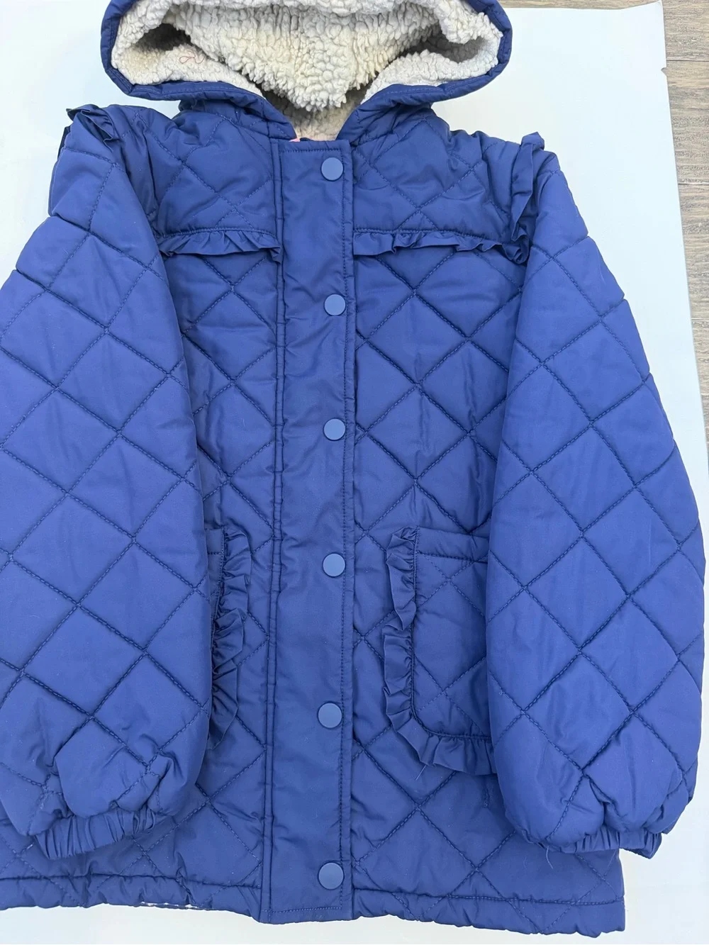 Mini Boden Quilted Blue Hooded Sherpa lined  Navy Coat size 8/9